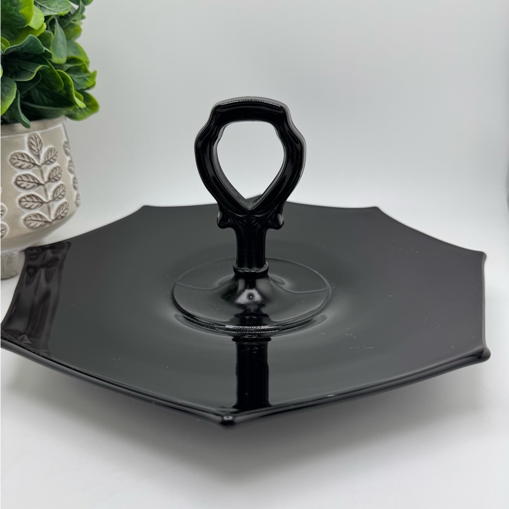 Vintage Black Glass Eight Sided Glass Tidbit Sandwich Tray Art Deco